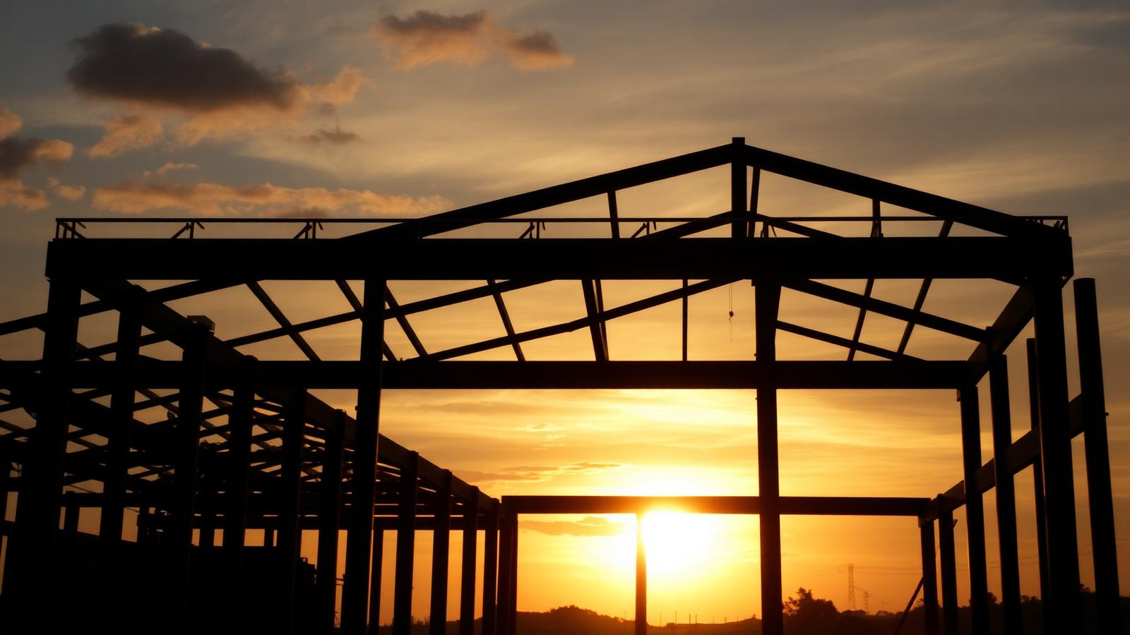 Steel building frame silhouetted against a sunset sky