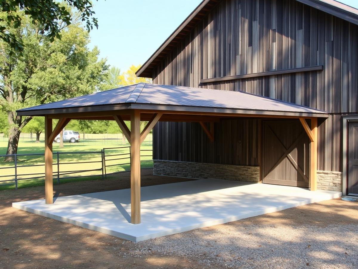 Covered lean-to addition attached to an existing barn