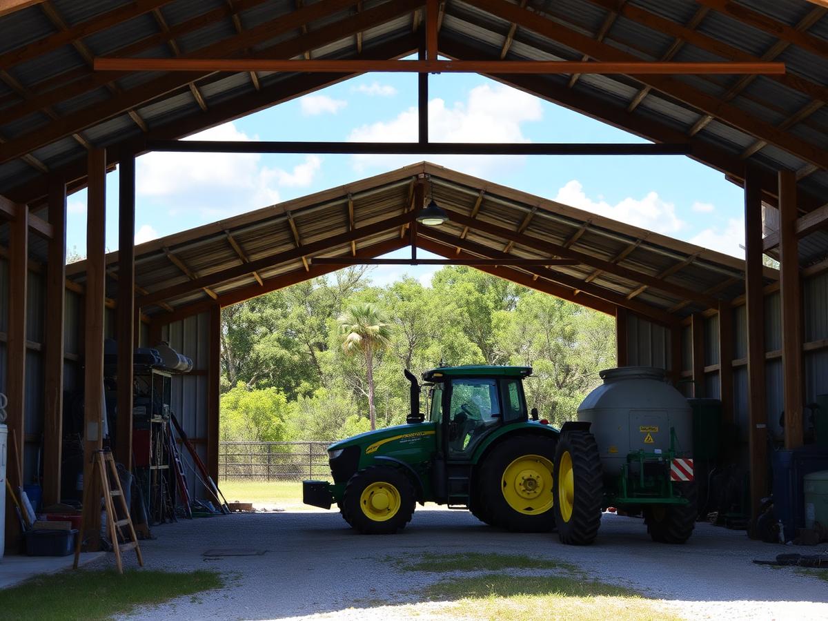 Open-sided pole barn sheltering a tractor
