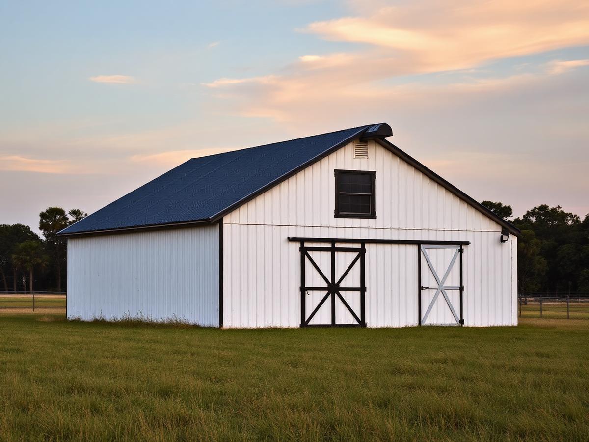 White metal barn with black trim in a Florida pasture at dusk
