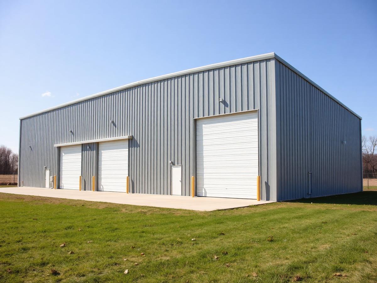 Grey steel workshop building with roll-up doors