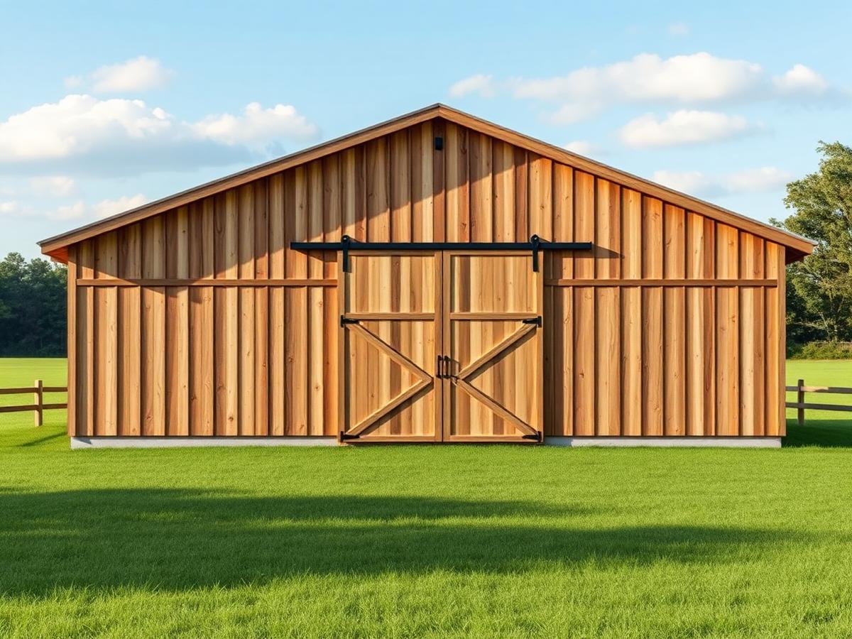 Newly built wooden barn with sliding doors on a rural property