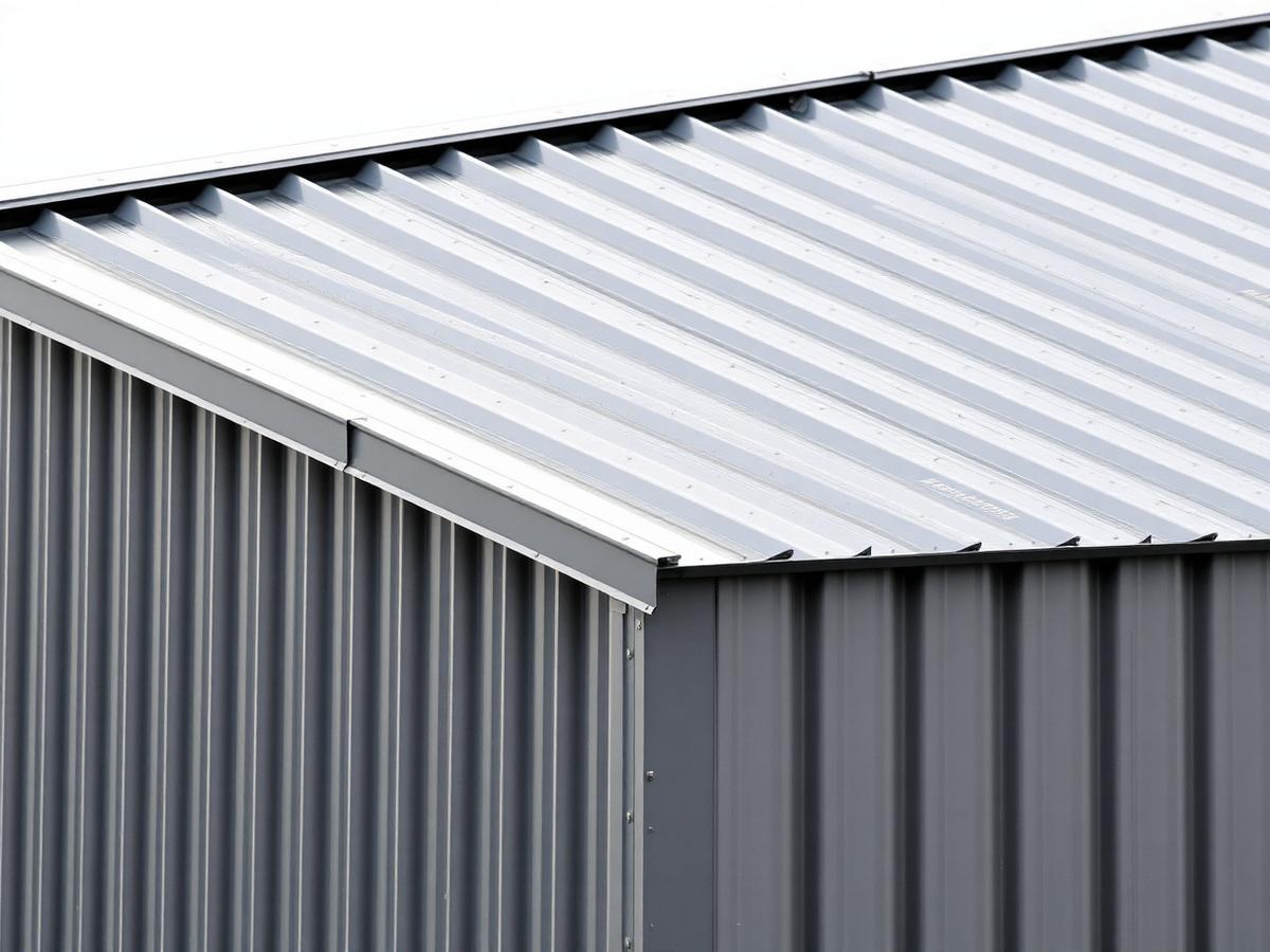 Grey corrugated metal siding and metal roofing on a steel building