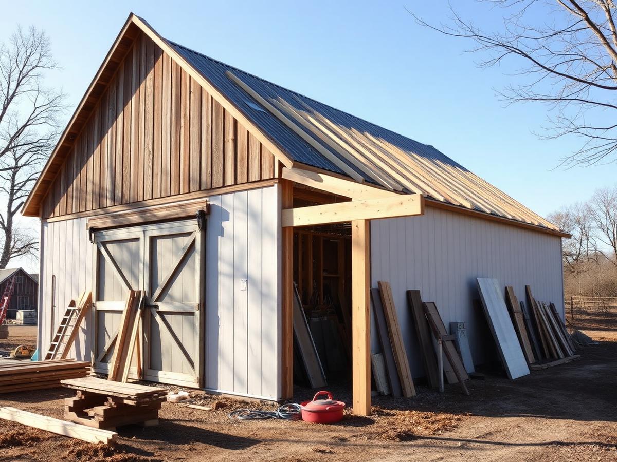 Barn renovation in progress with a new framed addition
